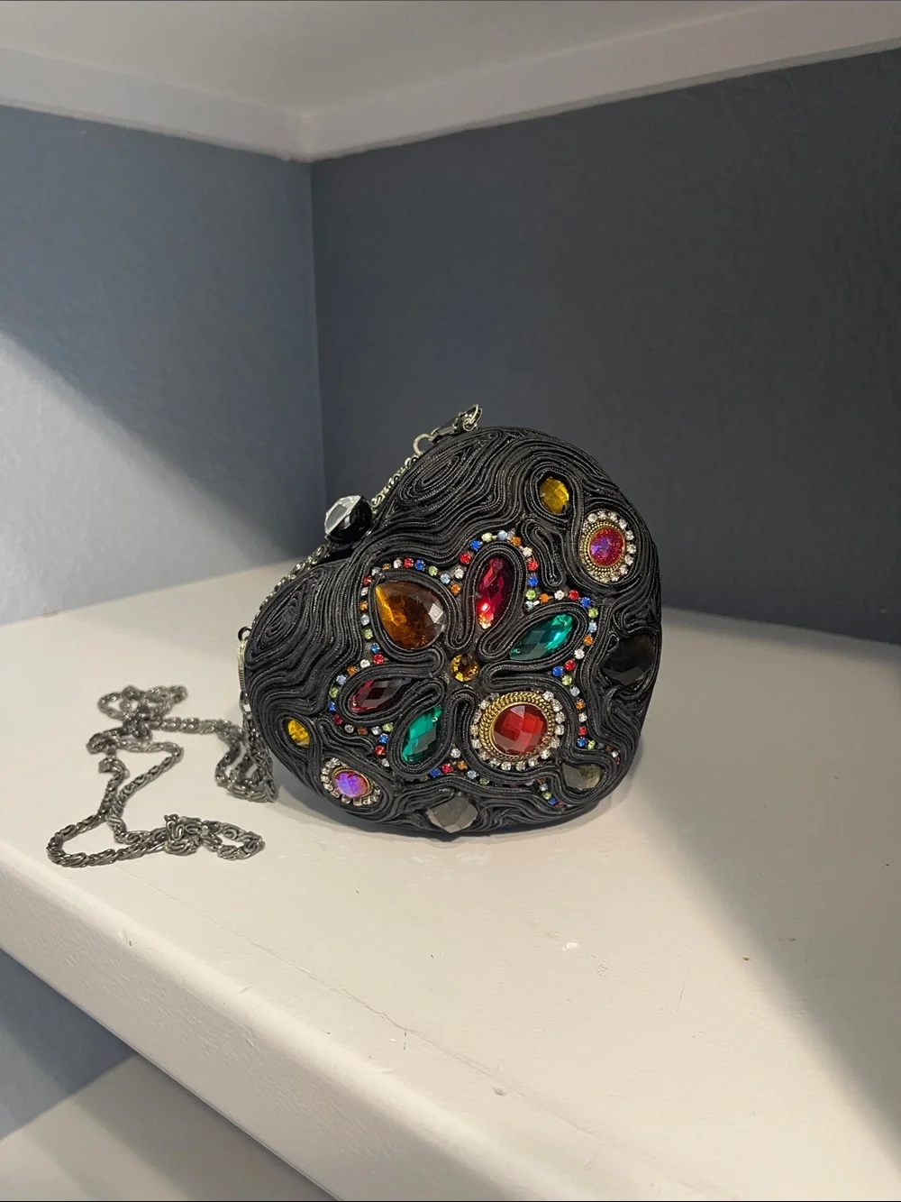 Mary Frances Black Heart Key/Card Holder with Multicolor Gem Accents